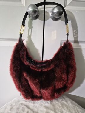 Plush Faux Fur Shoulder Bag in Burgundy Red with Black Strap
